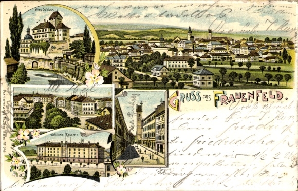 Chromo-Litho Frauenfeld Canton Thurgau, general view, castle, artillery barracks