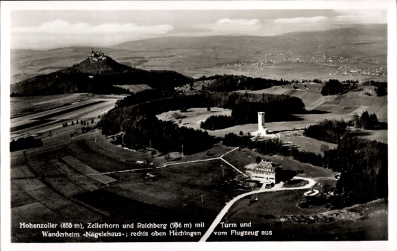 Postcard Hechingen in the Zollernalb district, Hohenzollern, Zellerhorn, Raichberg, Nägelehaus hiking lodge, Flugz