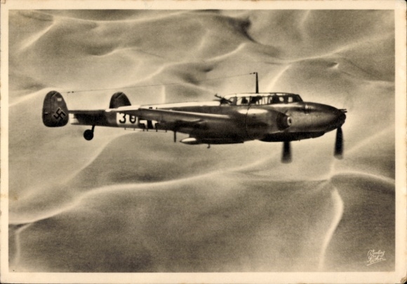 Postcard German Air Force, Destroyer Messerschmitt Me 110 over the Libyan coast