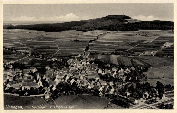 Postcard Unlingen in Upper Swabia Württemberg, aerial view of rural landscape, buildings, aircraft