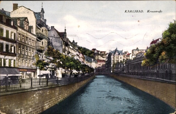 Postcard Karlsbad in Baden, view of the Kreuzstraße, buildings on the water, riverbank, city view