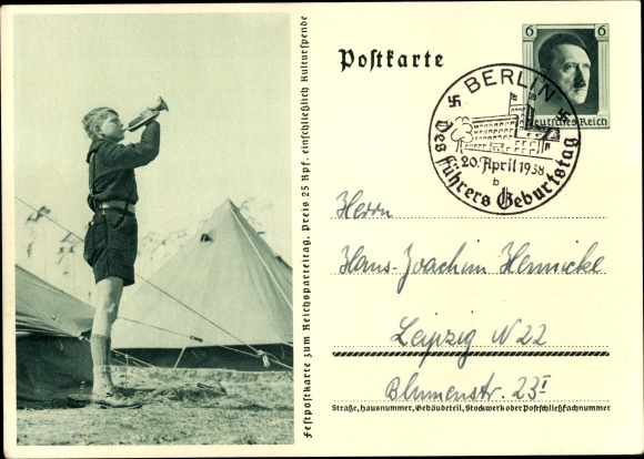 Postal stationery PC HJ Pimpf blows the roll call, tent camp, Nazi party rally 1937