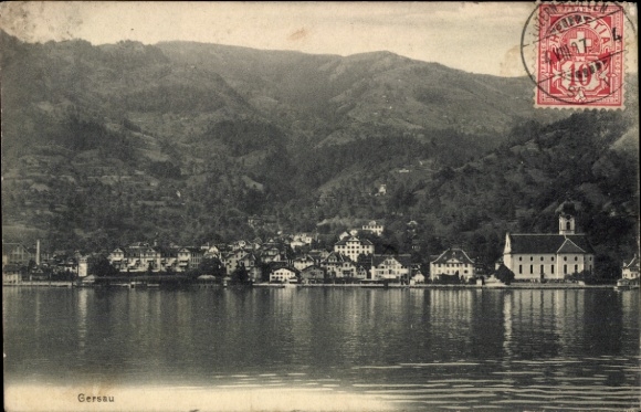 KP Gersau Kanton Schwyz, góry, woda, kościół, stempel pocztowy, 4. VIII 17