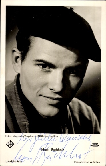 Postcard actor Horst Buchholz, portrait, beret, autograph