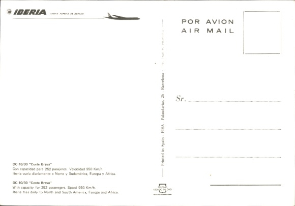 Postcard Spanish passenger aircraft Iberia, DC-10/30 Costa Brava, EC-CBN