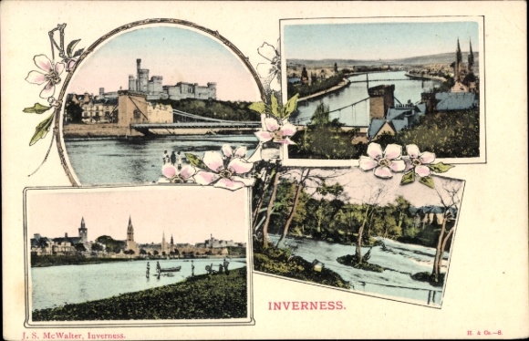 Postcard Inverness Scotland, various views of river, bridge, buildings, nature, flowers