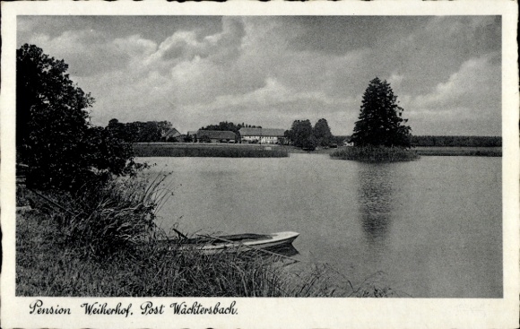 Postcard Waechtersbach in Hesse, Pension Weiherhof, lake, rowing boat