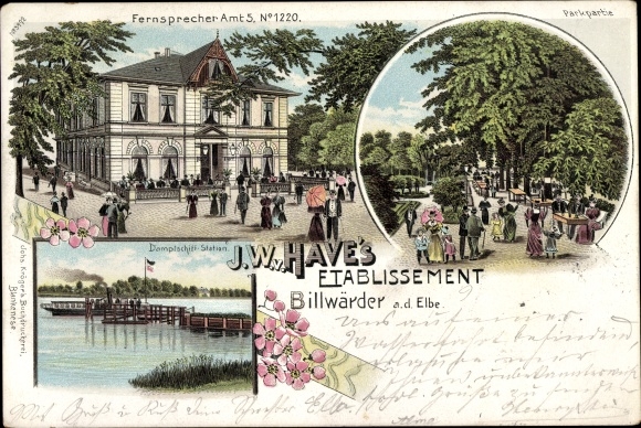 Chromo-Litho Hamburg Bergedorf Billwaerder, Establishment of JW Have, Parkpartie, steamship Station
