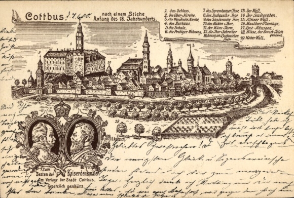 Artist Postcard Apitzsch, O., Cottbus in Niederlausitz, city view at the beginning of the 18th century