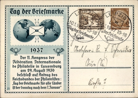 Postwaardestuk postzegeldag 1937, 11e Congres van de Fédération Int. de Filatelie in Luxemburg