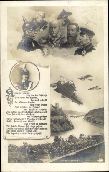 Postcard Kaiser Wilhelm II, Bismarck, Frederick the Great, Blücher, Kaiser Friedrich, Moltke, airship