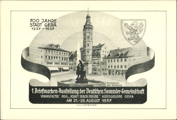 Postal stationery coat of arms Postcard Gera in Thuringia, 1st stamp exhibition 1937, KdF, 700th anniversary 1937