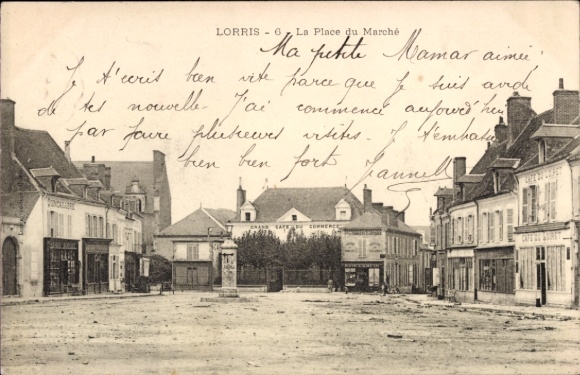 Postcard Lorris Loiret, market square, building, street view, French text