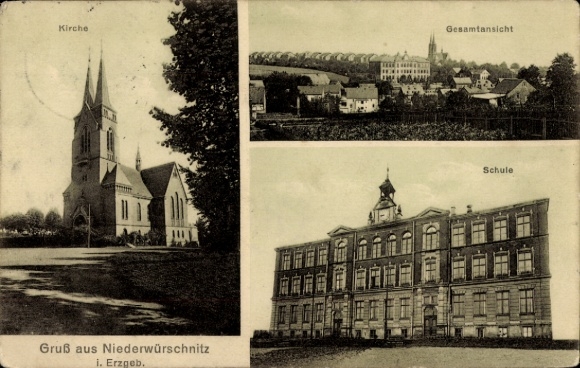 Ak Niederwürschnitz im Erzgebirge Sachsen, Kirche, Gesamtansicht, Schule