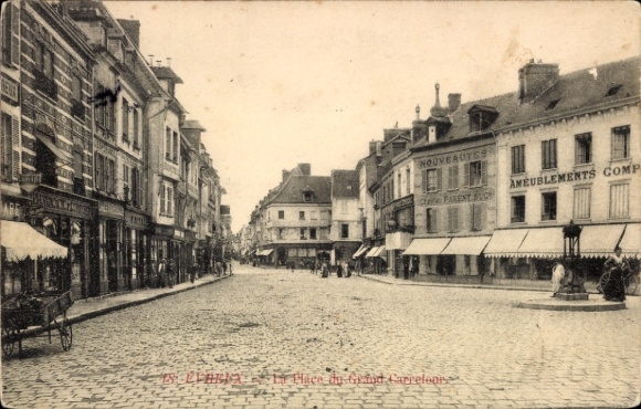 Postcard Évreux Eure, cobblestone street, shops, nstil, architecture