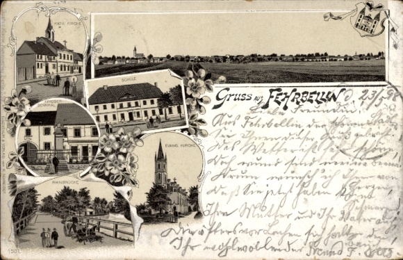 Chromo-Litho Fehrbellin in Brandenburg, Catholic Church, School, War Memorial, Protestant Church