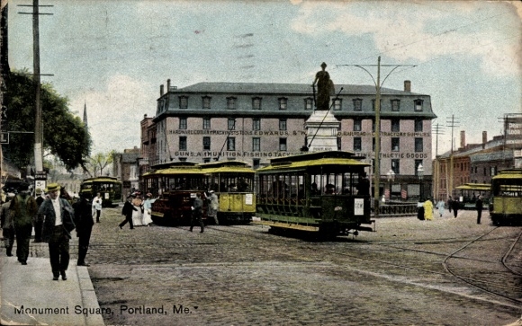 Ansichtkaart Portland Maine USA, Monument Square, trams