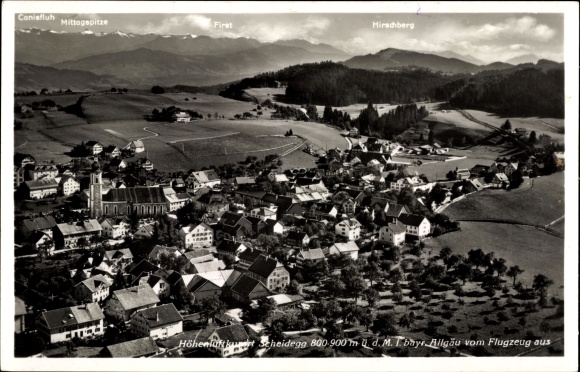 Postcard Scheidegg in Allgäu Swabia, aerial view