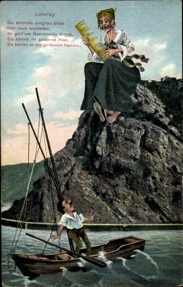 Postcard St. Goar am Rhein, Loreleifelsen, Loreley, caricature, man in boat
