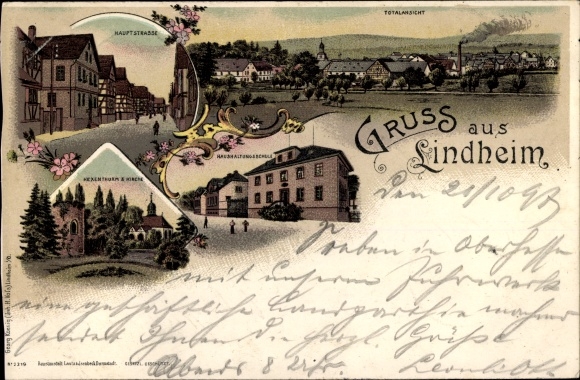 Litho Lindheim Altenstadt im Wetteraukreis, Haushaltungsschule, Hauptstraße, Totalansicht