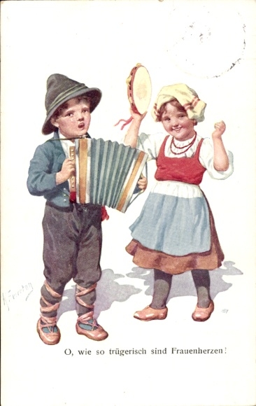 Artist Postcard Feiertag,K., tambourine, accordion, O, how deceitful are women's hearts