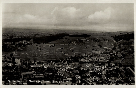 Postcard Bischoffingen Vogtsburg im Kaiserstuhl, aerial photograph, Kaiserstuhl, vineyards, clouds, houses
