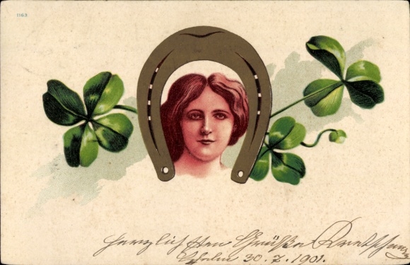 Litho Frauenbildnis, Glücksbringer, Kleeblätter, Hufeisen