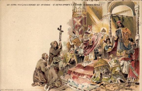 Postal stationery Chromo-Litho St. Astrik brings St. Stephen, royal crown