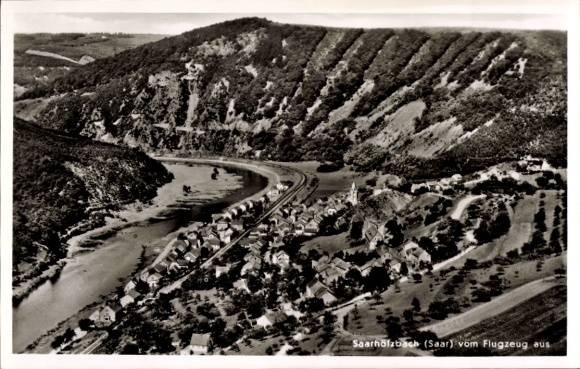 Postcard Saarhölzbach Mettlach in Saarland, aerial photograph