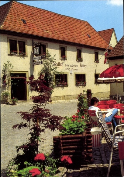 Postcard Sulzfeld am Main in the Kitzingen district, Gasthof zum Goldenen Löwen, birthplace meter bratwurst
