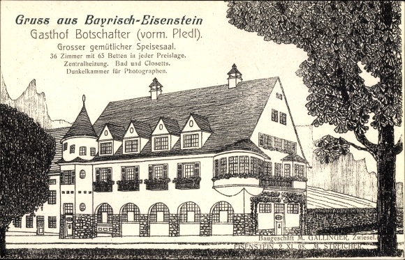 Künstler Ak Bayerisch Eisenstein im Kreis Regen Niederbayern, Gasthof Botschafter, vorm. Pledl