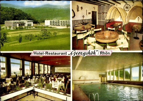 Postcard Hofbieber in the Rhön, Hotel-Restaurant Georgshöh, exterior view, interiors, swimming pool