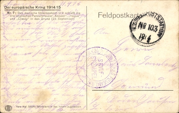 Artist Postcard Krause Wichmann, German submarine, SM U 9, Aboukir, Hogue, Cressy, I WK