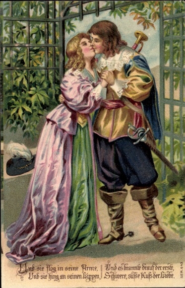 Embossed Chromo-Litho Trumpeter, Lovers, Kiss