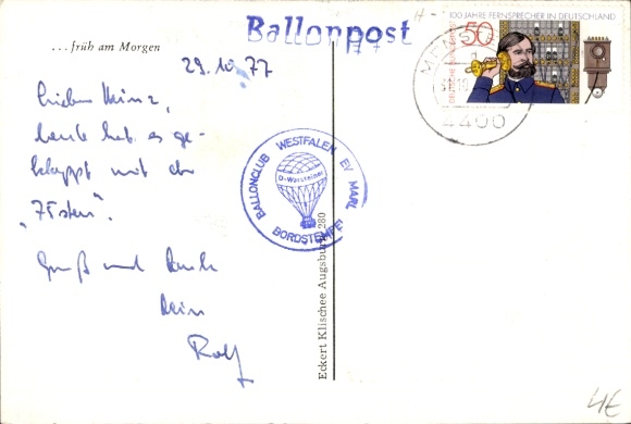 Postcard Ballon Ergee, early in the morning, Ballonclub Westfalen EV Marl, on-board stamp