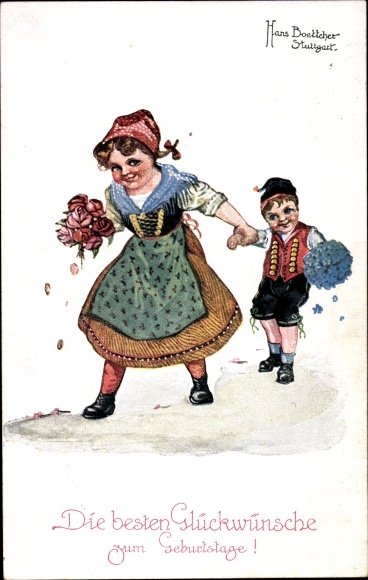 Artist PC Boettcher, H., Happy Birthday, On the way to the birthday child, flowers