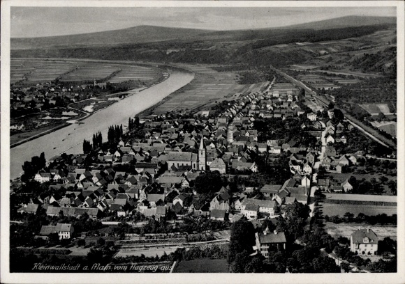 Postcard Kleinwallstadt in Lower Franconia, aerial view of river, houses, church