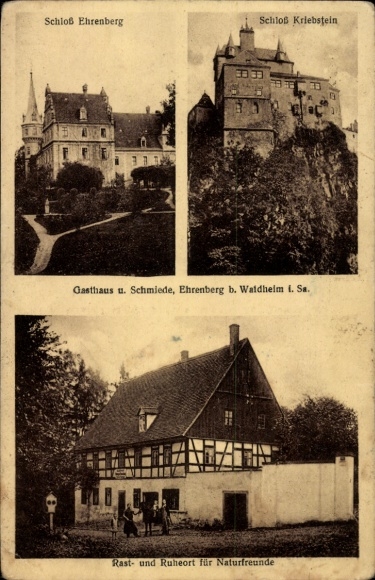 Postcard Ehrenberg Kriebstein Saxony, Ehrenberg Castle, Kriebstein Castle, Inn and Blacksmith