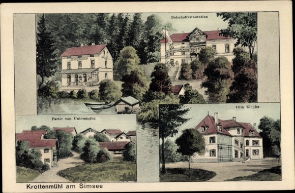 Postcard Krottenmühl am Simsee Söchtenau, train station restaurant, Unterhofen, Villa Klopfer, Hans Pernat