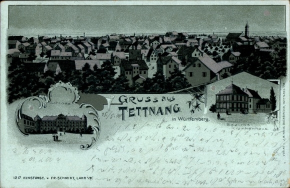 Mondschein Litho Tettnang in Württemberg, Panorama, Schloss, Bezirkskrankenhaus