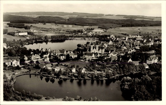 Postcard Waldsee in the Palatinate, aerial view, picturesque landscape, buildings