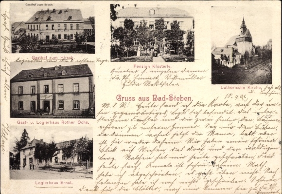 Postcard Bad Steben in Upper Franconia, Lutheran Church, Pension Klösterle, Gasthof zum Hirsch, Logierhaus