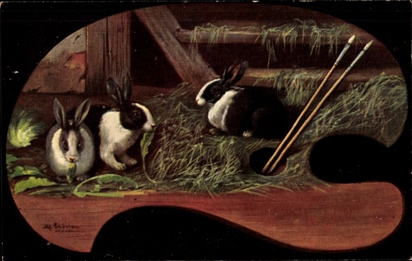 Passepartout Ak Schönian, Alfred, Drei schwarz weiße Kaninchen im Stall, Malerpalette
