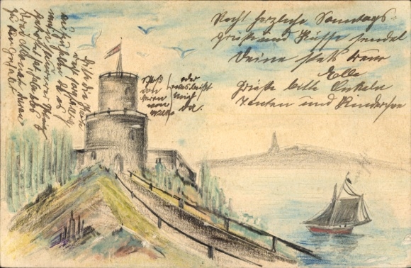 Hand-painted picture castle, lake, sailboat