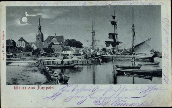 Mondschein Ak Kappeln an der Schlei, Hafenpartie, Segelschiff