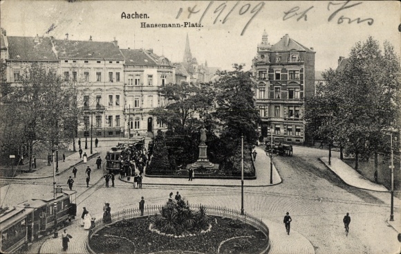 Ak Aachen,  Hansemann-Platz, Straßenbahnen, Menschen, Bäume