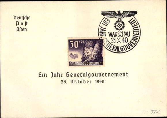 PC One Year General Government, October 26, 1940, Deutsche Post Osten, Warsaw
