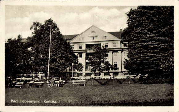 Postcard Bad Liebenstein in the Thuringian Forest, spa house, building, trees, meadow, hemisphere