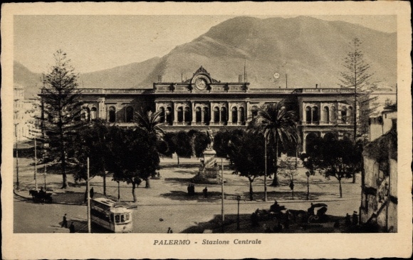 Postcard Palermo Sicily Sicilia Italy, Stazione Centrale, Palm Trees, Monument