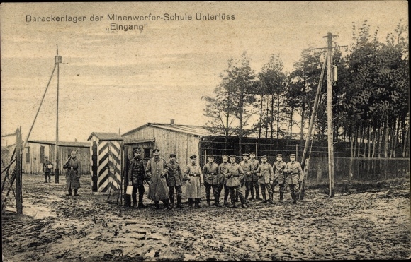 Ak Unterlüß Unterlüß Südheide, kazernekamp van de mijnenwerpersschool, ingang, soldaten